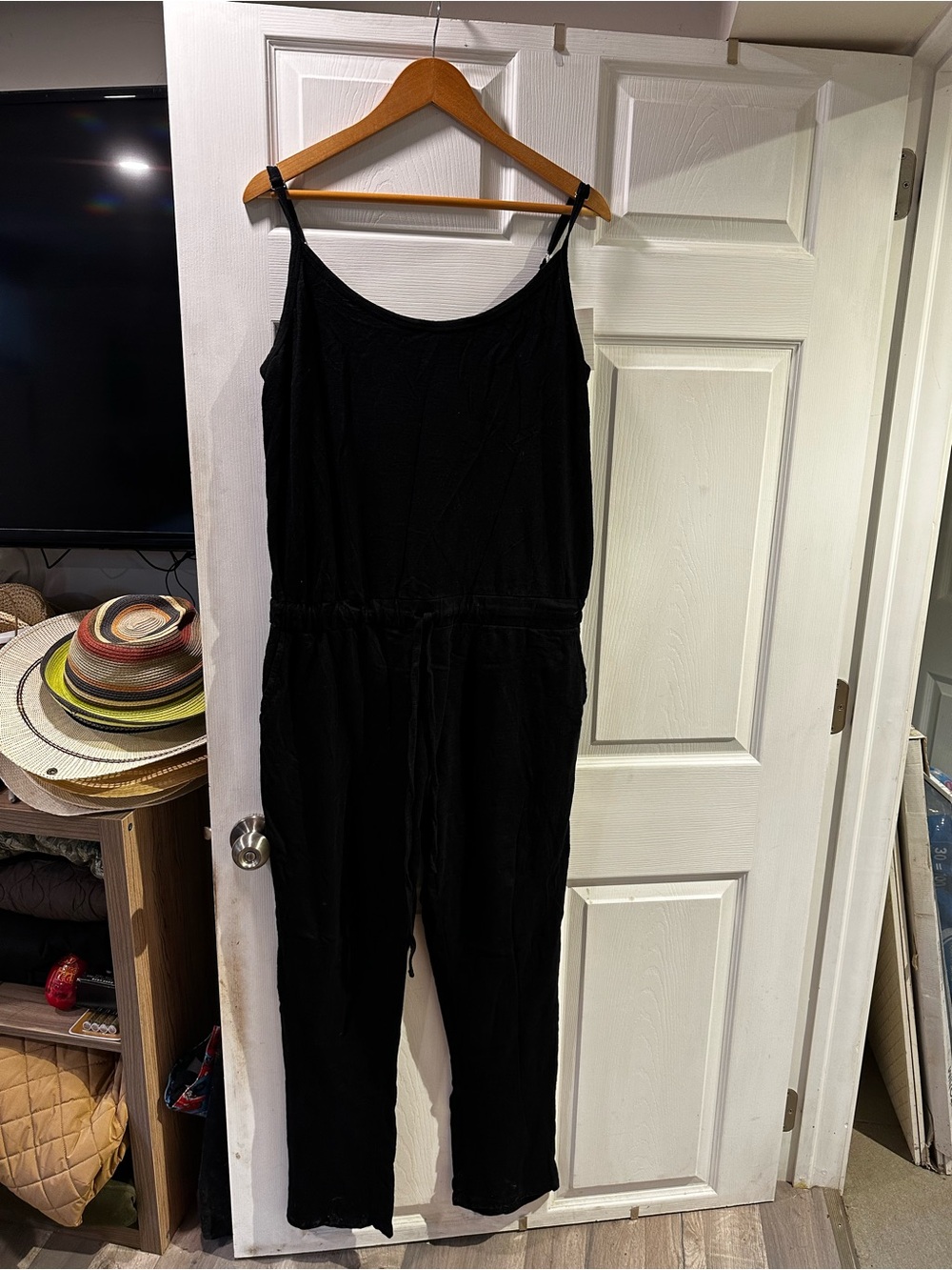 Women's Black Spaghetti-Strap Jumpsuit with Drawstring Waist